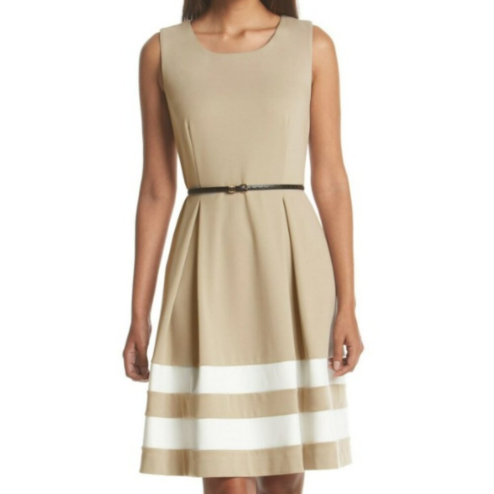 CALVIN KLEIN | Belted Striped Hem Knee-Length Dress